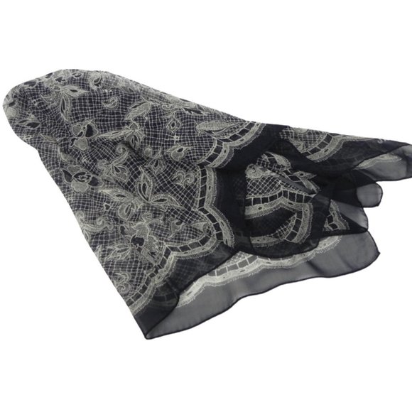 Sheer Navy Blue Lace Motif Scarf or Shawl - Picture 3 of 8